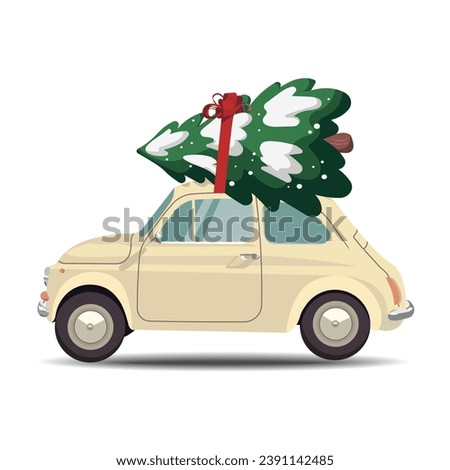 Cute vintage car on top of Christmas tree driving on isolated whitebackground. Vector illustration.