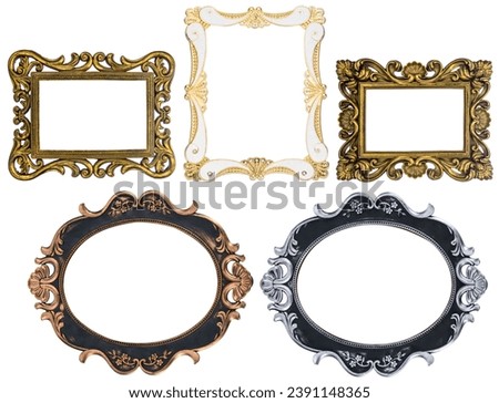 Set Classic Old Vintage Wooden mockup canvas frames isolated on white background. Blank Beautiful and diverse subject moulding baguette. Design element. use for framing paintings, mirrors or photo.