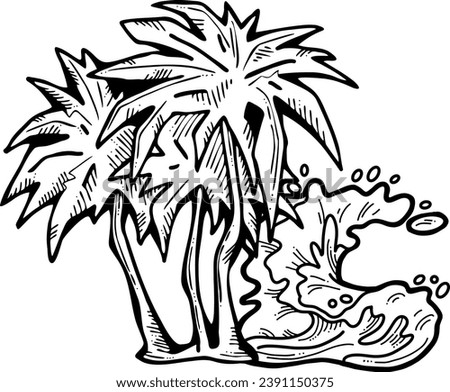 Palm and wave composition. Travel holiday, dream lagoon, spa resort, summer vacation, tropical paradise, ocean coast, sea shore design element. Hand drawn illustration, cartoon comic style vector.