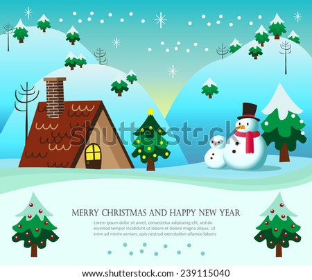 Christmas theme with snowman and snowboy with cottage and mountain background