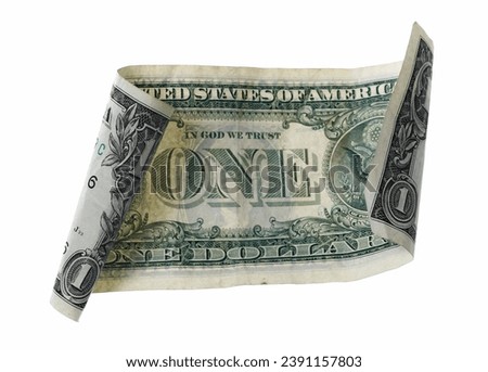 One dollar bill flying isolated on white, clipping
