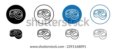 Meat vector icon set. Cooked beef steak vector symbol. Barbecue pork vector sign in black and blue color.