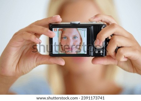 Portrait, screen and woman with digital camera, happiness and memory with break, excited or cheerful. Face, person or girl with equipment, photography or joyful with picture, smile or home with frame