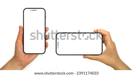 Hands holding mobile phone mockup. Blank smart phone screens isolated on white background. The file includes clipping paths for easy editing. 