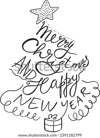 Artistic Lettering Merry Christmas and Happy New Year.Handdrawn phrase isolated on white background in shape of Christmas tree with star and gift.Сozy design  poster,postcard,label,sticker,stamp etc