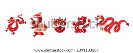 Collection of Chinese traditional dragons illustrations, Lunar, Chinese New Year 2024 , Year of the Dragon. Geometric modern style. Vector illustrations