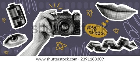 photography concept template design with person hand holding vintage camera 35 mm film female eye and smiling mouth retro grunge halftone collage element set pop art magazine style cutout object Royalty-Free Stock Photo #2391183309