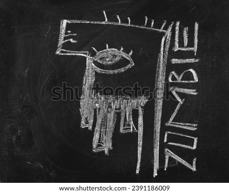 Icon zombie, face hand draw on chalkboard, blackboard texture