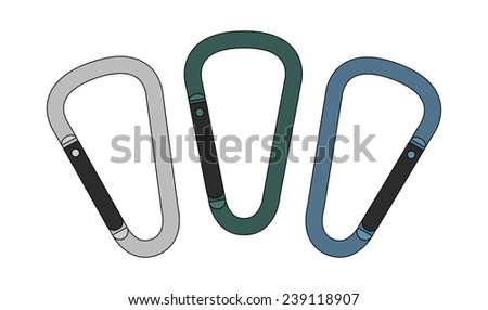 Set of safety hiking metal mountain climbing carabiners. Silver, green blue. Color clip art vector illustration isolated on white