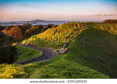 Auckland city view from Maungawhau Mt Eden grassy volcano in New Zealand Royalty-Free Stock Photo #2391189433