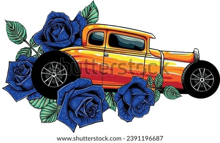 illustration of hot rod car with roses