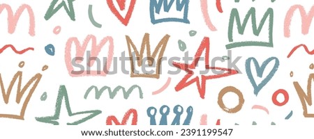 Pastel colored seamless banner design with charcoal crowns, stars, hearts and circles. Hand drawn spray paint elements, crayon drawing. Vector childish or girly seamless pattern with playful motif.