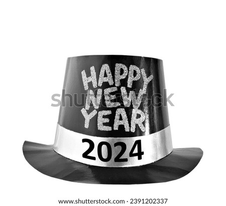 2024 happy new year hat studio isolated on white. 
Black Top hat for New Year's party celebration.  Royalty-Free Stock Photo #2391202337