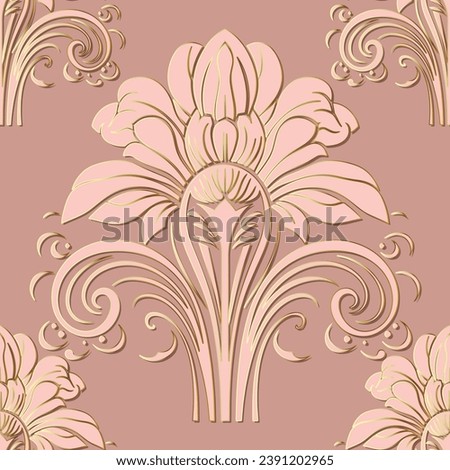 Art nouveau Seamless floral ornamental 3d pattern for fabric, wallpapers, cards, prints. Vector luxury background in pink gold colors. Nouveau ornaments with vintage flowers, leaves. Endless texture.