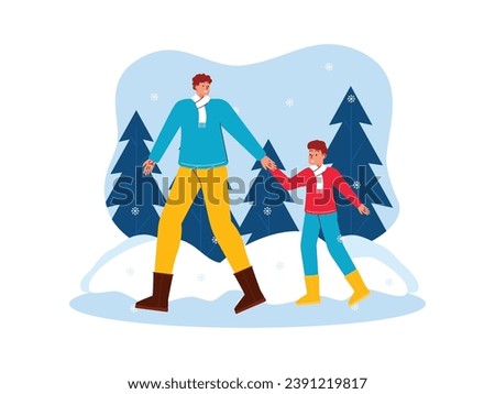 Father and son walking together to watch the snow fall happily, winter vector illustration.