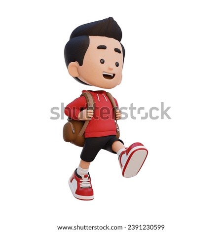 3D happy kid character walking go to school holding bag