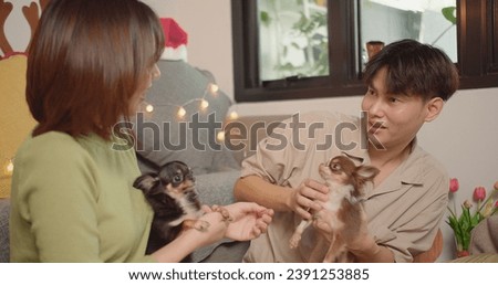 happy young Asian couple in love playing petting holding little chihuahua dog with smile and laugh celebrating festive season at home, New Year and Christmas concept. Waiting for the holiday