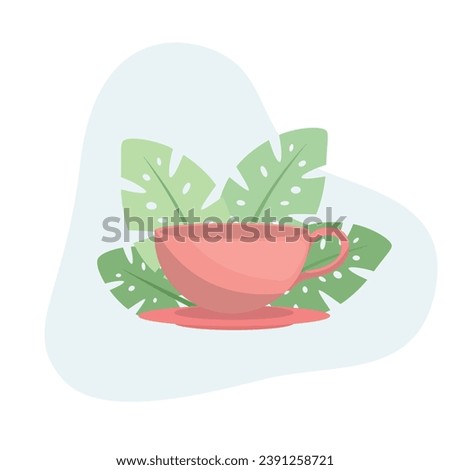 Cup flat vector Illustration Icon decorated with leaves for web use for coffee, beverage, mug, caffeine, drink, tea, break.