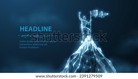 Man stands on the top of digital mountain. Company leader, Achieve victory, Challenge triumph, Technology winner, Business growth, Leadership concept, Entrepreneurial success, Digital success concept Royalty-Free Stock Photo #2391279509