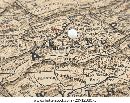 Bland County, Virginia vintage map marked by a white tack. The county seat is located in Bland, VA. Royalty-Free Stock Photo #2391288075