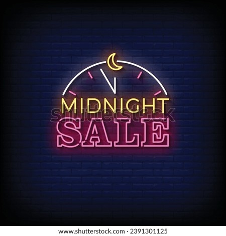 Neon Sign midnight sale with brick wall background vector Royalty-Free Stock Photo #2391301125