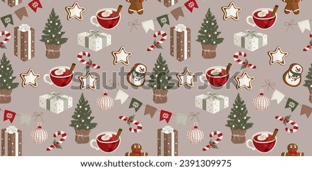 Seamless pattern. A cozy winter ornament with mistletoe, mugs, cups of tea, Christmas tree branches, snowflakes, New Year decoration. Vector graphics 