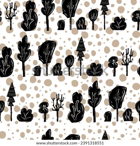 Trees and bushes hand carved linocut seamless pattern on white background with abstract dots in autumn colors. Collection of folk art style woodland clip art.