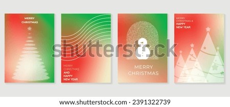 Merry christmas concept posters set. Cute gradient holographic background vector with vibrant color, christmas tree, snowman. Art trendy wallpaper design for social media, card, banner, flyer.