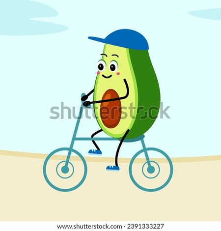 Cute Avocado character bike ride. Cartoon Happy avocado cycling sports. Vector illustration in flat style. Funny postcard on the topic of sports.
