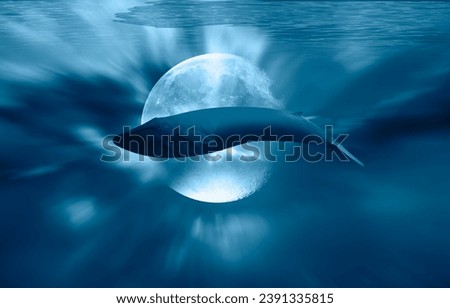 Blue whale floating above the clouds Full moon in the background "Elements of this image furnished by NASA"