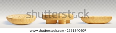 Round wooden podiums for product presentation isolated on transparent background. Vector realistic illustration of 3D platforms made of natural material for cosmetics display, tray for asian food Royalty-Free Stock Photo #2391340409