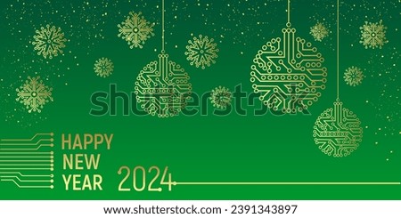 Chip circuit new year 2024 card template with christmas balls, snowflakes. Horizontal greeting card template for IT technologies, technical, electronic, digital, system integration companies.