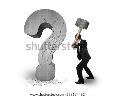 businessman holding hammer cracked question mark isolated on white background