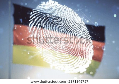 Abstract virtual fingerprint illustration on German flag and sunset sky background, personal biometric data concept. Multiexposure