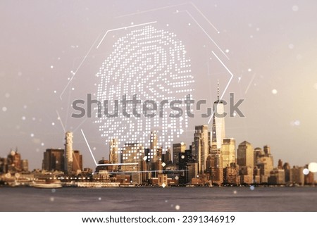Multi exposure of virtual graphic fingerprint sketch on Manhattan cityscape background, fingerprint scan data concept