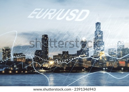 Abstract virtual EURO USD financial chart illustration on Chicago skyline background. Trading and currency concept. Multiexposure