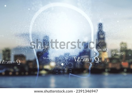 Abstract virtual artificial Intelligence interface with human head hologram on blurry skyline background. Multiexposure