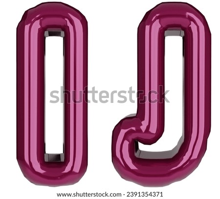 Glossy inflated red color letter I and J uppercase illustration. 3D render of latex bubble burgundy font with glint. Graphic type, typography, ABC clipart, alphabet