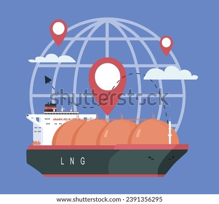 Concept illustration of maritime transportation liquefied gas on ships around the world. Vector illustration.