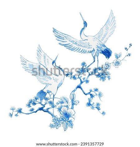 Beautiful floral composition with hand drawn watercolor wild blue and white herbs and flowers and crane birds. Stock illustration.