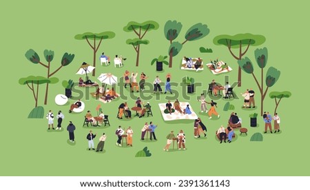 Characters relaxing in park on summer holiday. Tiny people resting at open-air festival in nature, meeting, gathering outside. Outdoor relaxation, picnic, weekend leisure. Flat vector illustration Royalty-Free Stock Photo #2391361143