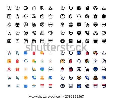 E-commerce icon set, set of barcode, online shop, money transfer, transaction, trolley, return and more