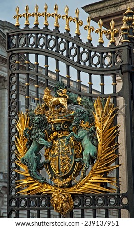 Royal Crest at Buckingham Palace Gate in London, United Kingdom