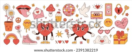 Retro groovy set for Valentines Day. Hippie love sticker, funny characters in shape of heart, trend 60s 70s. Vector cartoon illustration Royalty-Free Stock Photo #2391382219