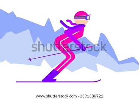Fashion Woman skiing clip art. Flat vector illustration