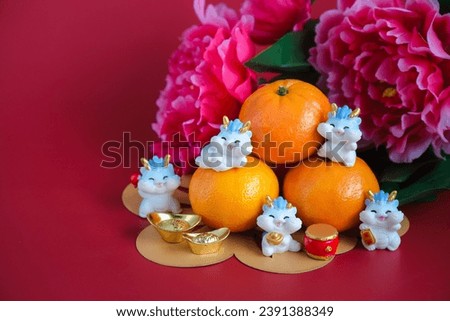 Chinese New Year of the dragon festival concept. Mandarin orange, red envelopes, dragon and gold ingot decorated with plum blossom on red background. The word inside picture means blessing.