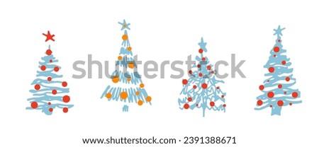 Set of Christmas tree. Sketch hand drawn xmas pattern. Doodle childlike silhouette art. Winter New year holiday firs, decor elements on isolated background. Vector vintage illustration