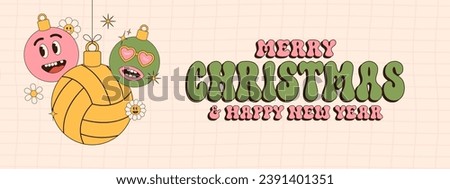 volleyball Merry Christmas and Happy New Year groovy Sports greeting card. Hanging ball as a groovy Christmas ball on vibrant background. Vector illustration..