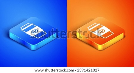Isometric Coffee cup to go icon isolated on blue and orange background. Square button. Vector