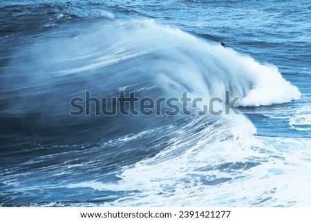 Surfing in the giant waves of the Atlantic Ocean in Nazare.